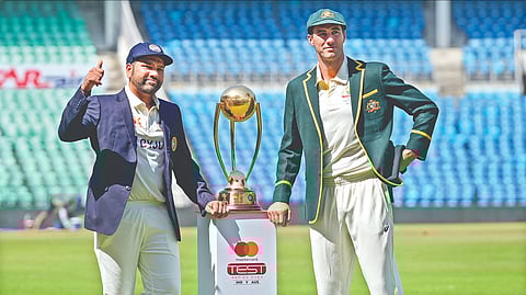 India captain Rohit Sharma with his Australian counterpart Pat Cummins on the eve of the first Test