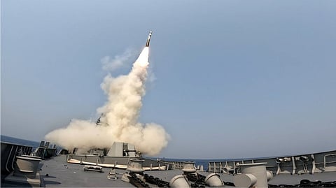 Indian Navy carried out a successful precision strike in the Arabian Sea by ship launched BrahMos missile with DRDO designed Indigenous Seeker and Booster, reinforcing commitment towards AatmaNirbharta: Indian Navy.