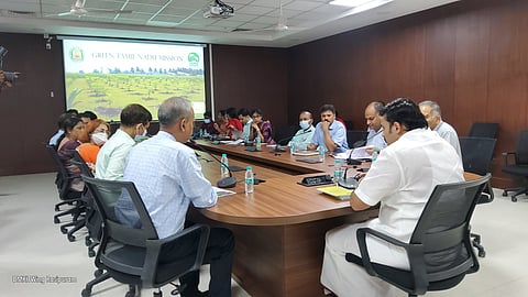State Forest Department minister M Mathiventhan at a review meeting held on Friday