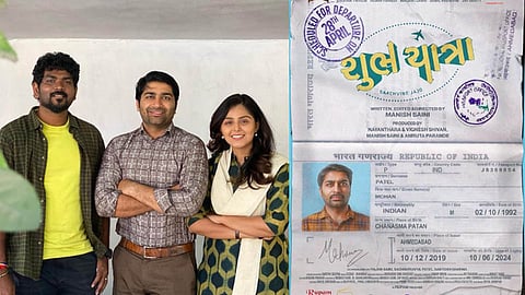 ignesh Shivan with Malhar Thakar and Monal Gajjar (left) and the first look poster of ?Shubh Yatra? (right)