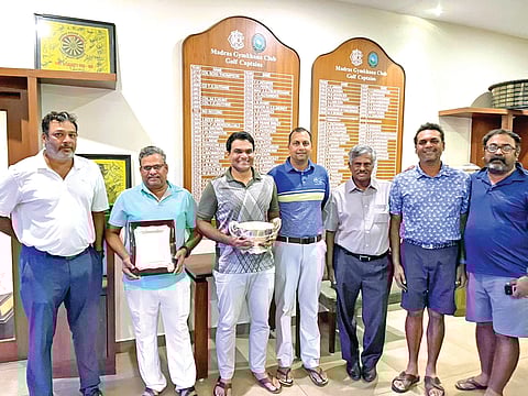 Prize winners along with P Krishnan, honorary sub-secretary golf, and V Srinivasan, sub-committee member (tournaments)