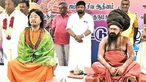 Dharmapuram Adheenam head with Japan-based Bala Kumba Guru Muni in Dharmapuram Mutt
