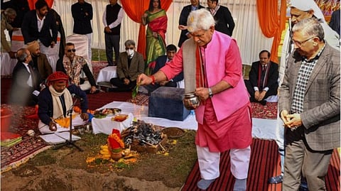 Jammu and Kashmir Lt Governor Manoj Sinha performs 'Bhumi Pujan' during foundation stone laying of the mall by Dubai's Emaar Group.