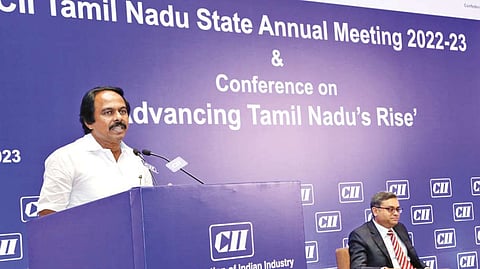 Minister T Mano Thangaraj addressing Advancing Tamil Nadu?s Rise Conference organised by CII in Chennai on Saturday