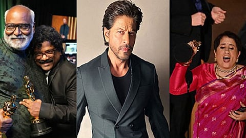 (Left to Right) MM Keeravani and Chandrabose; Shah Rukh Khan; Guneet Monga