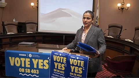 Califiornia state Sen. Aisha Wahab proposes SB 403, a bill which adds caste as a protected category in the state?s anti-discrimination laws, in Sacramento, California on March 22, 2023.