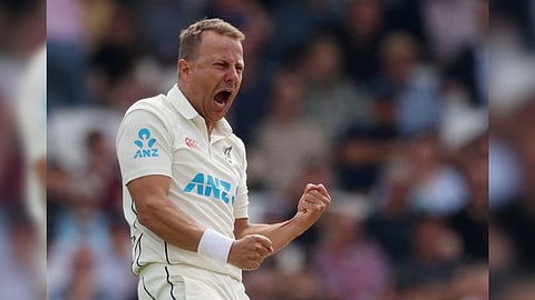 New Zealand's Neil Wagner celebrates after taking the wicket of England's Ben Foakes