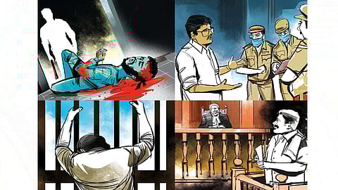 1. ?A murder takes place in 2001, 2. Cops arrest Karuna on attempt-to-murder charges, 3. Case goes on for 21-plus years, 4. Cross-examination reveals police bribing witness