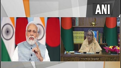 Prime Minister Narendra Modi and Bangladesh PM Sheikh Hasina at the inauguration of the India-Bangladesh Friendship Pipeline.