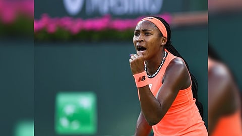 Coco Gauff (USA) celebrates after defeating Linda Noskova (CZE) during her third round match during the BNP Paribas Open at Indian Wells Tennis Garden