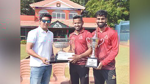 Jolly Rovers captain Kaushik Gandhi (centre), ?Man of the final? Sonu Yadav (right) with TNCA president Ashok Sigamani.