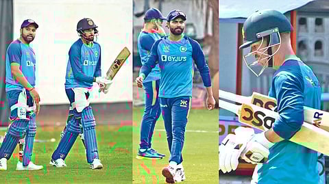 (From L to R) India captain Rohit Sharma and Mohammed Siraj; Ravindra Jadeja in training, Australia opener David Warner