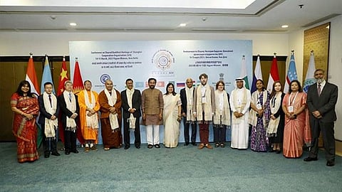 Various foreign delegations along with MoS Meenakashi Lekhhi at the SCO International Conference in New Delhi on Tuesday.