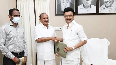 Tamil Nadu CM MK Stalin with agriculture minister MRK Panneerselvam.