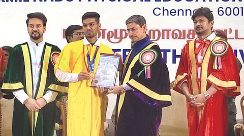 Union Minister for Youth Affairs and Sports Anurag Singh Thakur,
Governor RN Ravi, Minister Udhayanidhi Stalin at the 13th
convocation at the Tamil Nadu Physical and Sports Education
University, Chennai on Sunday.