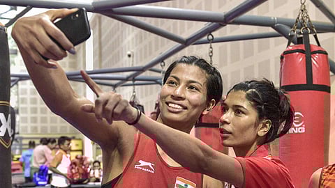 Boxers Lovlina Borgohain and Nikhat Zareen click a selfie after qualifying in the Elite Women Commonwealth Games (CWG) Trials 2022