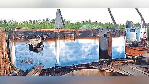Burnt houses of migrant workers in Namakkal.