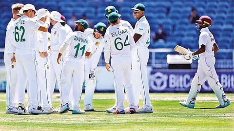 South African players celebrate their victory over West Indies in the second Test