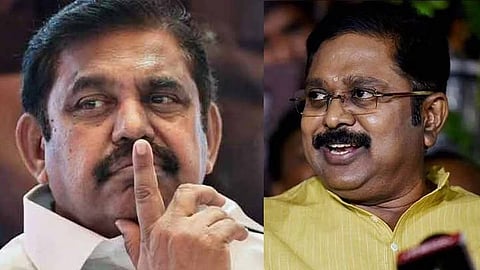 (L-R) AIADMK general Secretary Edappadi K Palaniswami and Amma Makkal Munnettra Kazagam (AMMK) General Secretary TTV Dhinakaran 