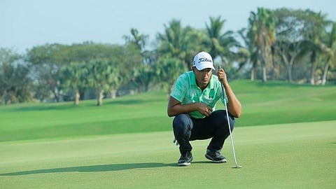 Anshul Patel in action during day-1 of Gujarat Open Golf Championship 2023
