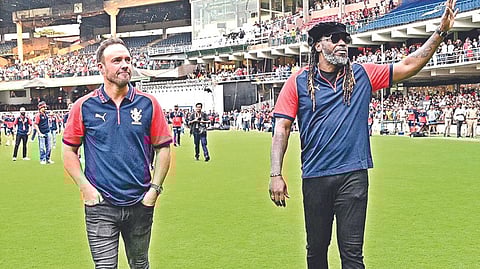 AB de Villiers and Chris Gayle at the RCB Unbox 2.0 event at 
the M Chinnaswamy Stadium on Sunday