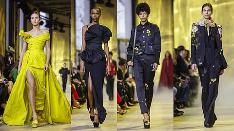 Models wears a creation as part of the Elie Saab Fall/Winter 2023-2024 ready-to-wear collection presented Saturday, March 4, 2023 in Paris.