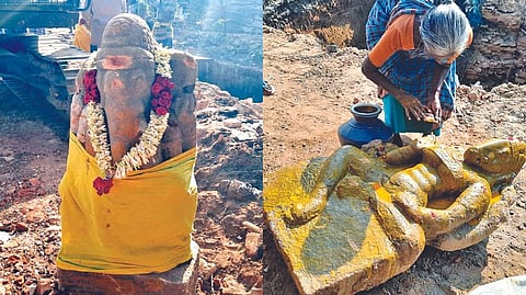 The idols unearthed in Tiruvaiyaru on Wednesday