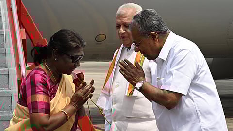 Governor of Kerala Arif Mohammed Khan and Chief Minister Pinarayi Vijayan received President Droupadi Murmu on her arrival at Kochi.
