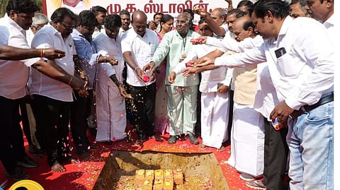 Health Minister Ma Subramanian laid the foundation stone for the construction of a theatre building at the cost of Rs. 3.70 crore at the Nandanam Government Arts College.