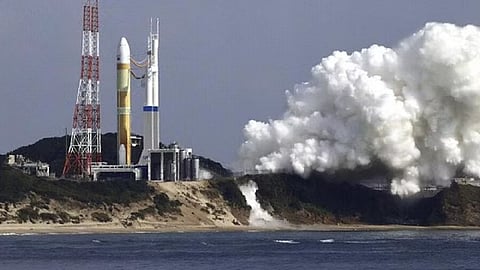 An H3 rocket sits on the launch pad at Tanegashima Space Center in Kagoshima, southern Japan Friday, Feb. 17, 2023.