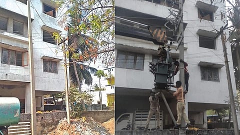 (L to R) Electric pole; Tangedco installing a transformer at Arignar Anna street in Medavakkam on Friday