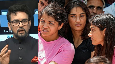 Anurag Singh Thakur (left); Wrestlers Vinesh Phogat, Sakshi Malik and Sangita Phogat during their sit-in protest at Jantar Mantar, in New Delhi (right)