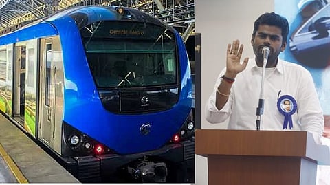 State BJP president K Annamalai addressing the gathering on the release event of 'DMK Files' (right)