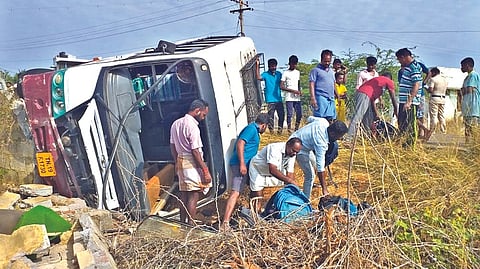 Sources said that a van after picking up 22 students from different locations was proceeding to the Kendriya Vidyalaya near HAPP in Tiruchy on Wednesday morning.
