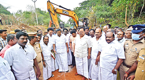 Water Resources Minister Duraimurugan launching the desilt works in canals in Thanjavur on Thursday