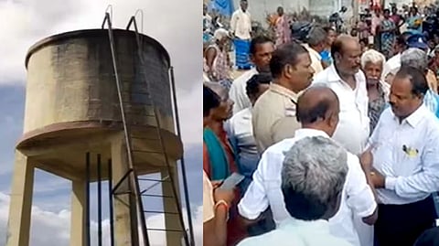 (On left) The overhead water tank at Vengavayal village in Pudukkottai district, in which human faeces was found floating, in December 2022.