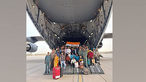 MoS V Muraleedharan receives sixth batch of 297 Indians, rescued from conflict-ridden Sudan, at Jeddah on Thursday.