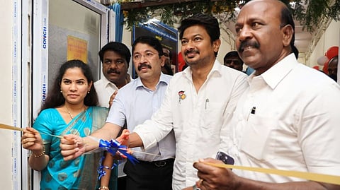 Udhayanidhi Stalin is accompanied by MP Dayanidhi Maran, Mayor Priya and Health Minister Ma Subramanian as he inaugurates the medical units in Royapettah GH