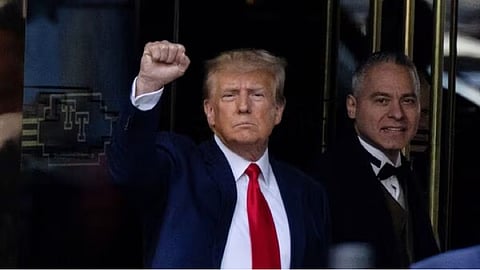 Former U.S. President Donald Trump departed from Trump Tower on the day of Trump's planned court appearance after his indictment by a Manhattan grand jury following a probe into hush money paid to porn star Stormy Daniels, in New York City, U.S