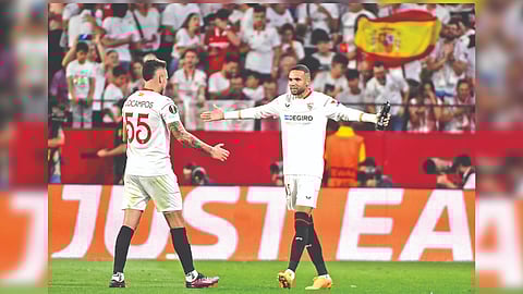 Youssef En Nesyri (right) set up Sevilla?s win with a double