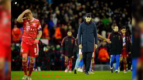 Bayern?s head coach Thomas Tuchel walks off the field at the end of the Champions League quarterfinal, first leg, soccer match between Manchester City and Bayern Munich at the Etihad stadium in Manchester, England