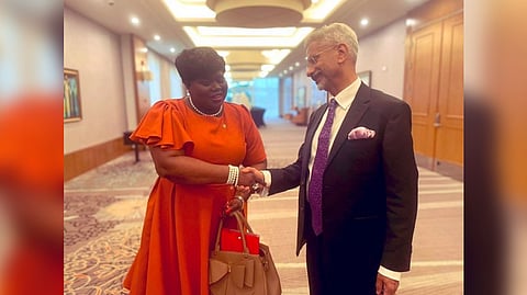 EAM S Jaishankar meeting FM of St. Vincent and Grenadines Keisal Peters in Guyana on Saturday.