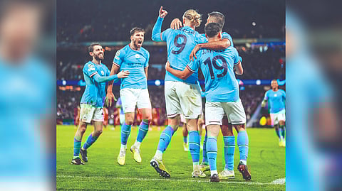 Manchester City celebrates its emphatic victory over Bayern Munich in the first-leg of the quarterfinals