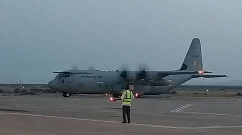 C-130J aircraft lands in Port Sudan for evacuation operations.