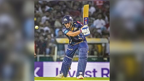 Gujarat batter Shubman Gill plays a shot during his match-winning knock of 67 against Punjab Kings on Thursday
