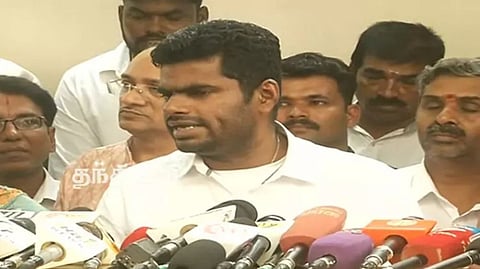 State BJP president K Annamalai speaking to reporters in Chennai.