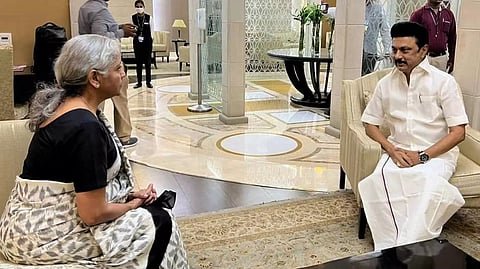 MK Stalin and Nirmala Sitharaman at Delhi airport