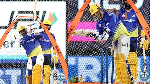 Chennai Super Kings captain MS Dhoni trains ahead of the match against Lucknow Super Giants