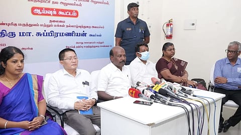 Health Minister Ma Subramanian at the review meeting to discuss the implementation of the new announcements made by the minister in the State Assembly.