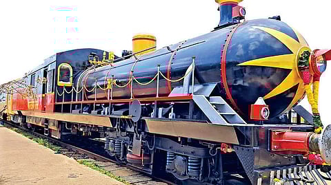 Electric replica of steam locomotive during a trial run in Arakkonam section